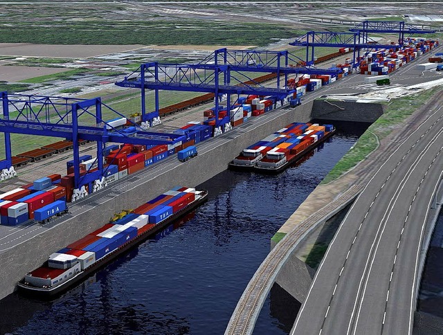 So knnte das neue dritte Hafenbecken ...aussehen, rechts im Bild die Autobahn   | Foto: Visualisierung: Gateway Basel Nord