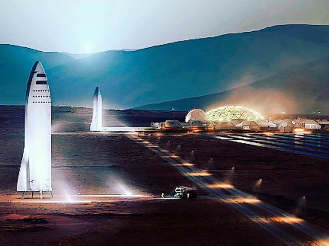 Die vom Raumfahrtunternehmen SpaceX zu...hiff und die Mars City auf dem Mars.  | Foto: dpa