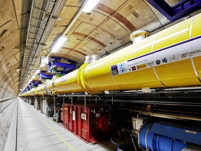 In diesen gelben Rhren werden Elektro...auf Lichtgeschwindigkeit beschleunigt.  | Foto: Heiner Mller-Elsner / European XFEL