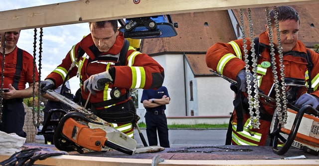 Die Feuerwehrleute schraubten in Eichsel um die Wette Kettensgenketten...  | Foto: Heinz Vollmar