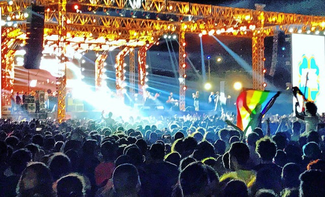 Kleine Fahne, groer rger: Zuschauer ...der Band Mashrou&#8217; Leila in Kairo  | Foto: dpa