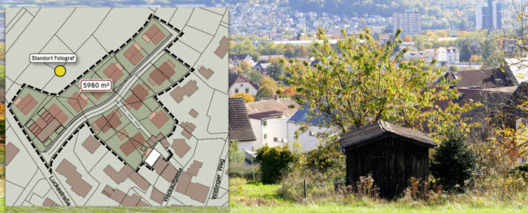 Das gekennzeichnete Gebiet nrdlich de...echts) und Hnerberg (Mitte hinten).    | Foto: Grafik: BZ/RE, Quelle: Stadtbau Lrrach, Foto: Peter Gerigk