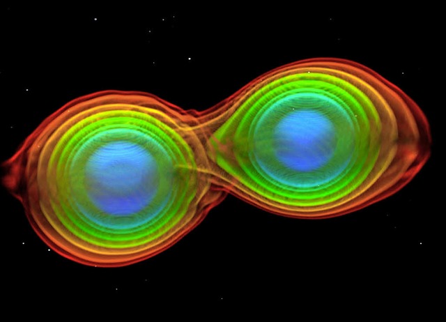 Diese Simulation zeigt die zwei miteinander verschmelzenden Neutronensterne.   | Foto: T. Dietrich(Max-Planck-Institut fr Gravitationsphysik/dpa)