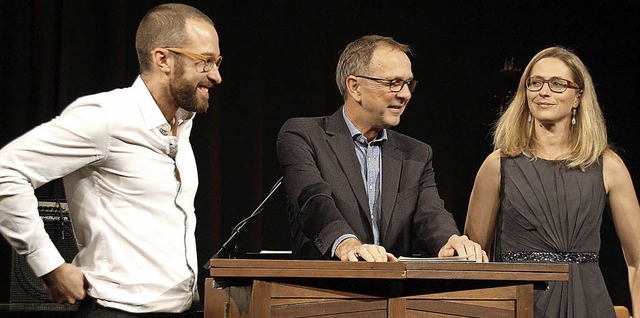 Roman Schneider (links) und Anja Weis ...n Fragen des Moderators Klaus Glker.   | Foto: Franz