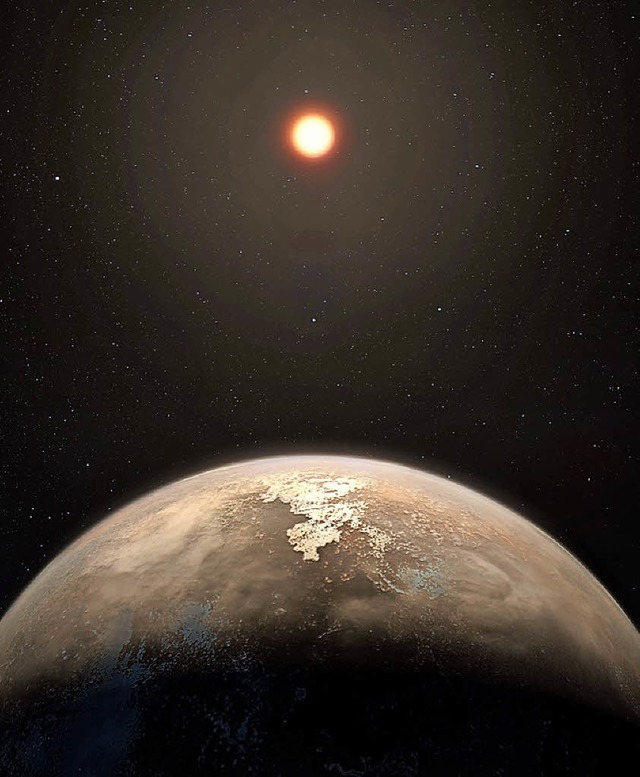 Knstlerimpression von Planet Ross 128 b mit rotem Zwergstern.   | Foto: M. Kornmesser (ESO&#8211;AfP)