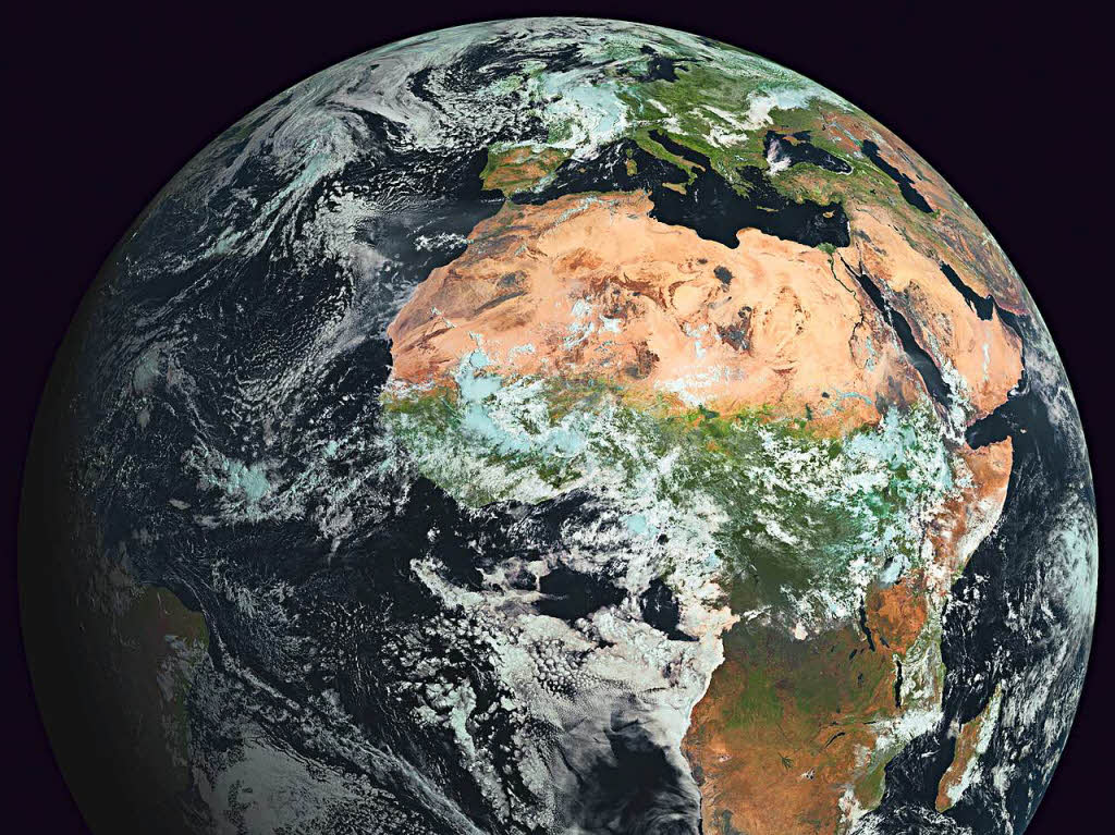 Bildtitel: „Europas Platz auf der Erde“.  Auch aus einer Entfernung von 36.000 Kilometern, in der die Aufnahme des Wettersatelliten Meteosat gemacht wurde, sind einige der Eigenschaften des Kontinents gut zu erkennen.
