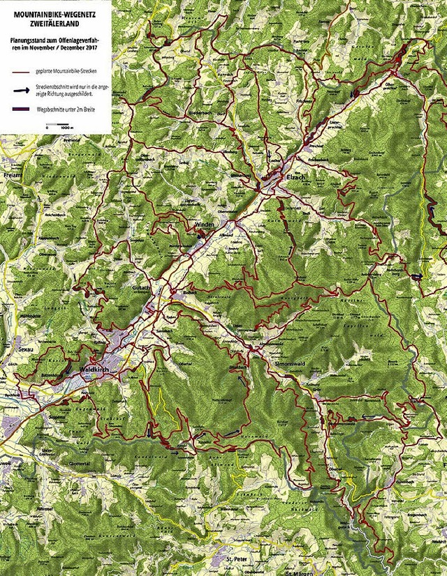 Rote Linien zeigen das geplante Mountainbike-Wegenetz   | Foto: ZTL