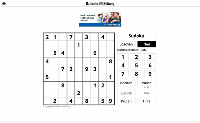 Neu: Jeden Tag gibt es ein interaktives Sudoku.  | Foto: bz