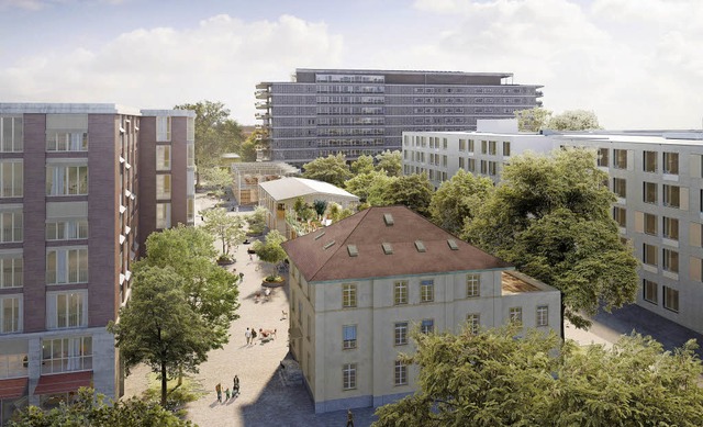 Eine Visualisierung des geplanten Quar...Felix-Platter-Spitals im Hintergrund.   | Foto: Visualisierung: Baugenossenschaft Wohnen &amp; Mehr