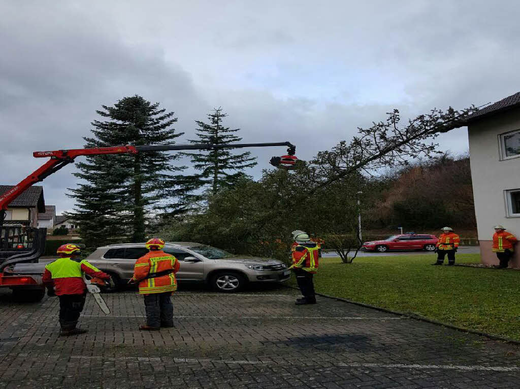 Die Feuerwehren aus Kenzingen und Hecklingen wurden zu jeweils einem sturmbedingten Einsatz alarmiert. In Hecklingen strzte wegen des Sturms ein Bauzaun um. In Kenzingen kippte ein Baum auf zwei parkende Autos. Der Baum wurde zersgt.