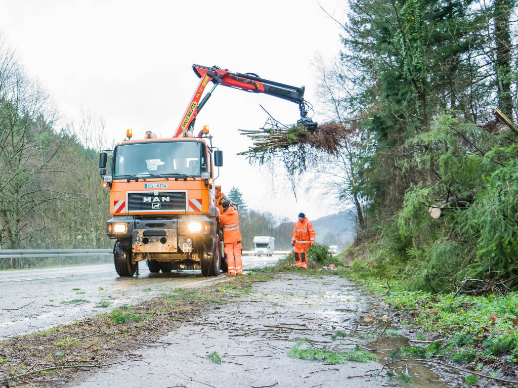 Mitarbeiter des Straenbauamtes Landkreis Ortenaukreis beseitigen zwischen Oberkirch und Oppenau einen umgestrzten Baum.