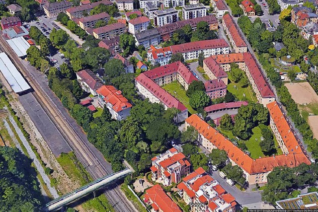 Die veraltete, aber stdtebaulich bede...augenossenschaft Familienheim Freiburg  | Foto: Google-Luftbild/GeoDasis-DE/BKG
