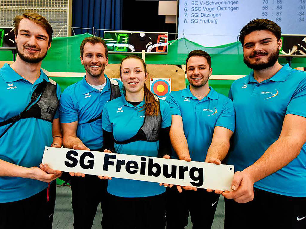 Der Kader der SG Freiburg beim Heimwettkampf, von links: Eike Jacob, Christoph Hler, Nicola Koch, Adrian Faber und Pascal Langer