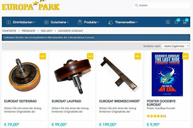 Der Europa-Park verkauft in seinem Online-Shop Teile der Achterbahn Eurosat.  | Foto: Screenshot Europa-Park