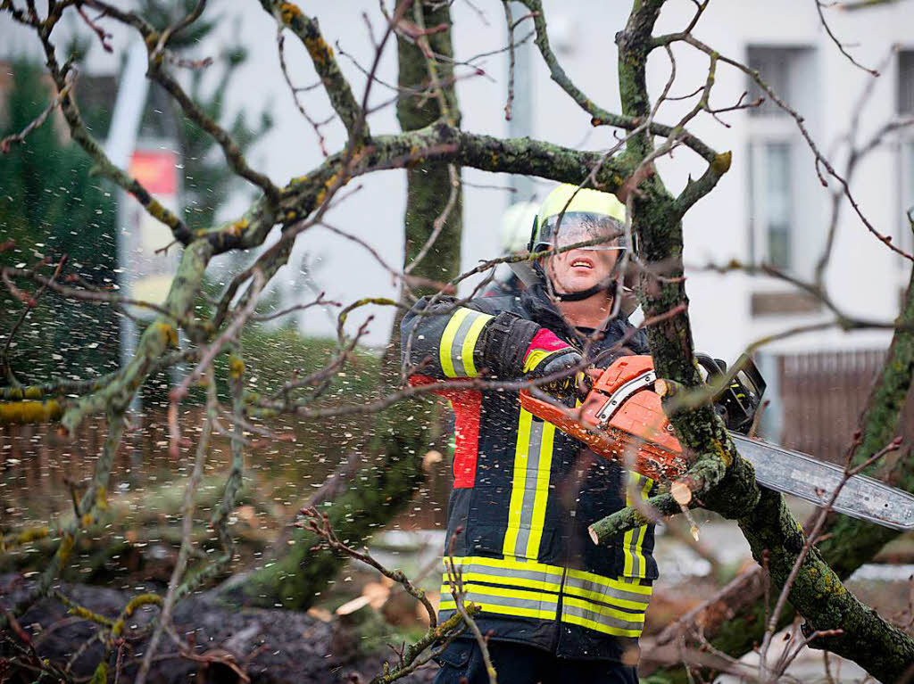 Feuerwehrleute beseitigen  in Wernigerode (Sachsen-Anhalt) einen Baum, der quer auf der Fahrbahn liegt.