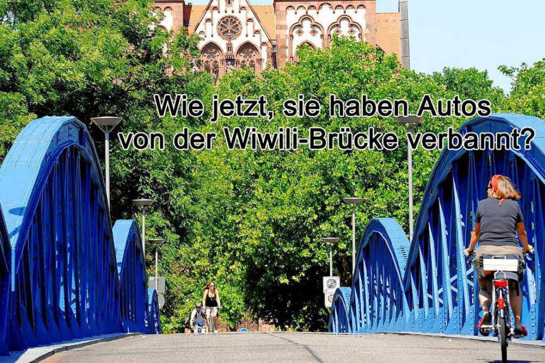 Keine Autos auf der blauen Brücke? Für...ikanischen Twitter-Nutzer ein Skandal.  | Foto: Ingo Schneider / Montage Klingel