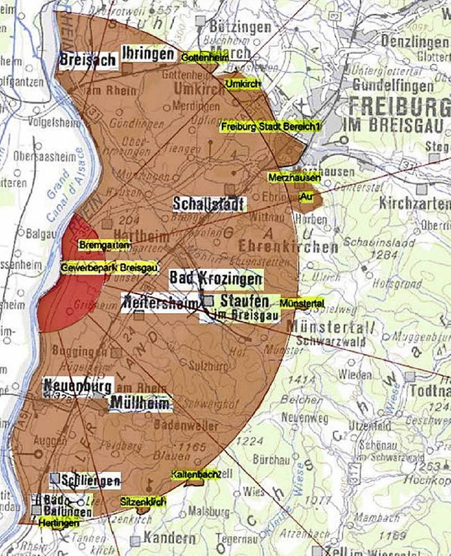 Hier wird evakuiert, wenn Fessenheim h...darunter auch Freiburger Stadtviertel.  | Foto:  Regierungsprsidium/Der Sonntag