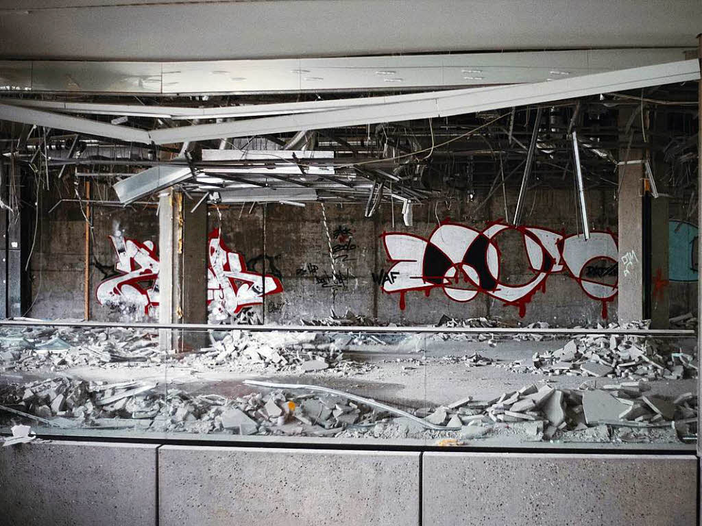 Der Freiburger Sprayer zoolo und einige Freunde haben sich in der Volksbank-Ruine ausgetobt.