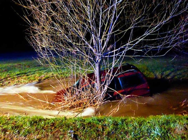 Zwei junge Mnner landeten mit ihrem Auto im Bach (Symbolbild).  | Foto: Polizei