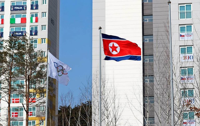 Die Flaggen von Nordkorea und dem Inte...ty fr die nordkoreanische Mannschaft.  | Foto: dpa