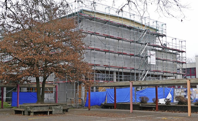 Noch steht das Gerst, im September aber soll die Halle fertig sein.   | Foto: D. Rutschmann