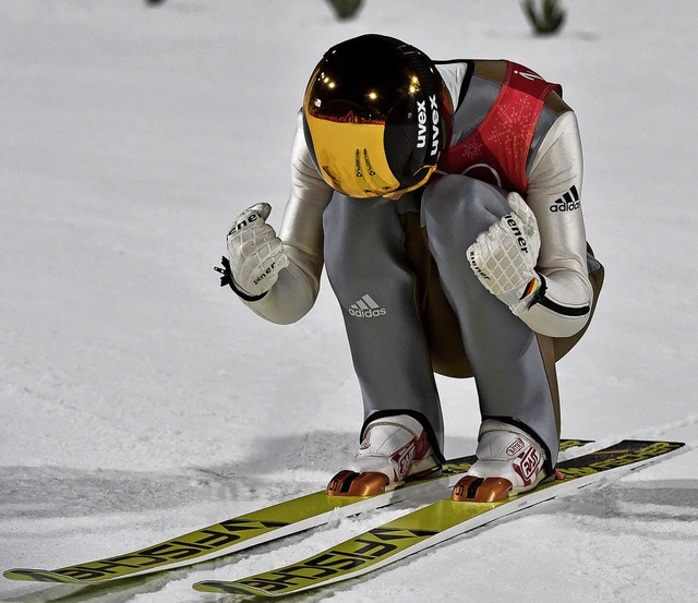 Jubel nach dem zweiten Sprung: Andreas Wellinger im Alpensia Skisprung-Zentrum  | Foto:  dpa