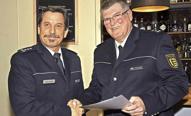 Die Urkunde, mit der Polizeibeamte in ...ter Seywald (links), an Lothar Voigt.   | Foto: Volker Mnch