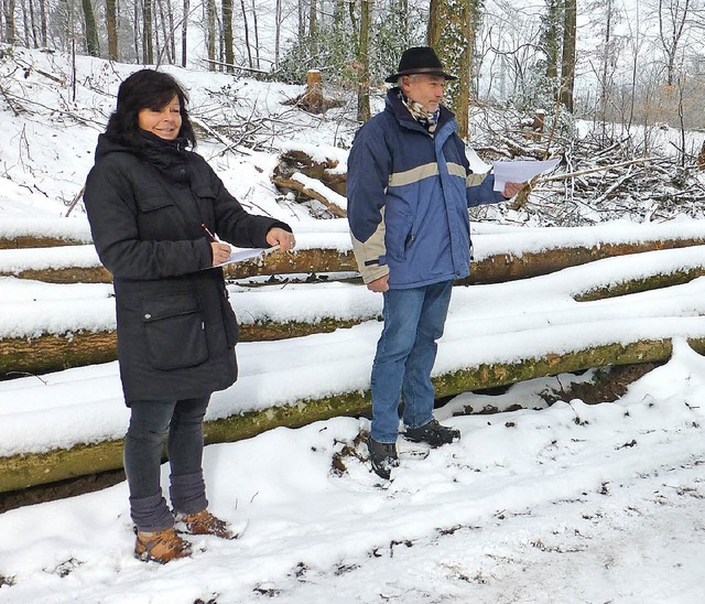 Holzversteigerung Hsingen: Ortsvorste...hneebedeckte Polder an Mann und Frau.   | Foto: Winter