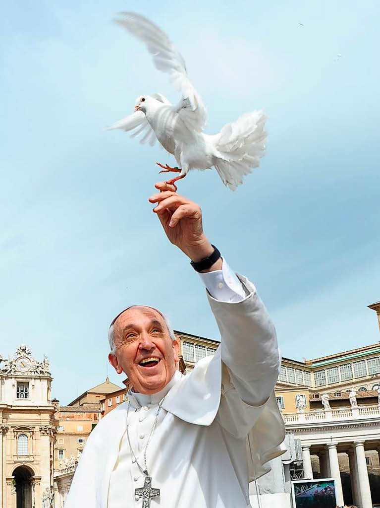 Friedensstifter: Papst Franziskus 2013 mit einer weien Taube.