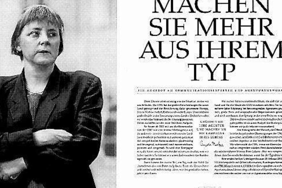 Die CDU sucht Werbefachleute für den anstehenden Bundestagswahlkampf. Mit dieser Anzeige von 2001 bewies Merkel Humor, bevor sie zur Kanzlerin wurde. (Foto: -) Die CDU sucht Werbefachleute für den anstehenden Bundestagswahlkampf. Mit dieser Anzeige von 2001 bewies Merkel Humor, bevor sie zur Kanzlerin wurde. (Foto: -)