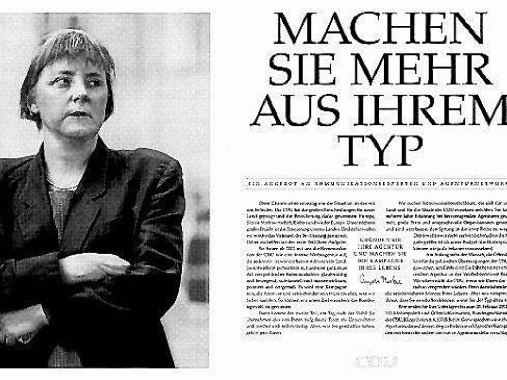 Die CDU sucht Werbefachleute fr den anstehenden Bundestagswahlkampf. Mit dieser Anzeige von 2001 bewies Merkel Humor, bevor sie zur Kanzlerin wurde.