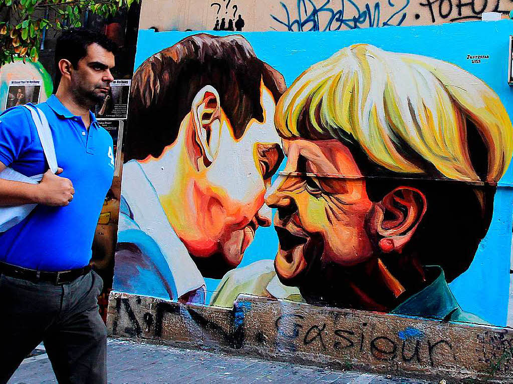 Merkel wurde dabei gemeinhin als groe Gegenspielerin der neuen griechischen Regierung stilisiert. Hier ein Graffiti in Athen.