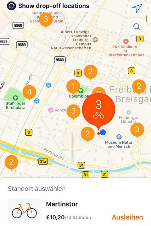 Wo Räder in Freiburg stehen und wieder abgestellt werden können, zeigt die App.  | Foto: Simone Höhl