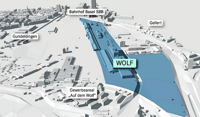 Die Entwicklungsflche &#8222;Wolf&#8220; im Bahnareal   | Foto: Visualisierung: SBB/BZ-Grafik