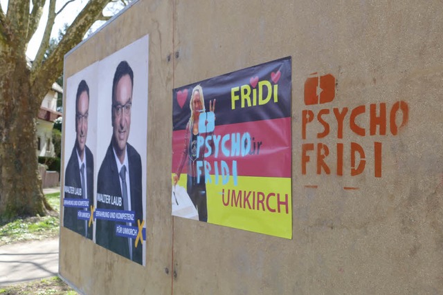 Plakate der Kandidatin Friedhild Mille...ierenden Sprchen verunstaltet worden.  | Foto: Katrin Dorfs