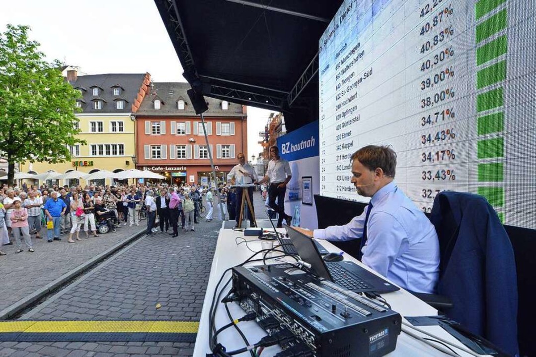 Stadtstatistiker Andreas Kern kommenti...lergebnisse live auf dem Rathausplatz.  | Foto: Michael Bamberger