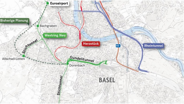 Das neue Konzept fr eine Basler Westtangente vom Bahnhof SBB zum Euroairport   | Foto: Grafik: Micha Wernli (BZ Basel)