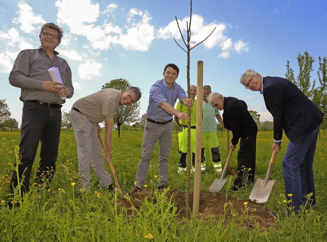 Reiner Walter, Wolfgang Bahr, Brgerme...nks) pflanzen gemeinsam den 61. Baum.   | Foto: Sandra Decoux-Kone