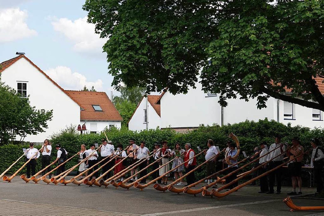30 Alphornbläser gaben in Steinen ein ...usikfest Open Air ausgerichtet werden.  | Foto: Hans-Jürgen Hege