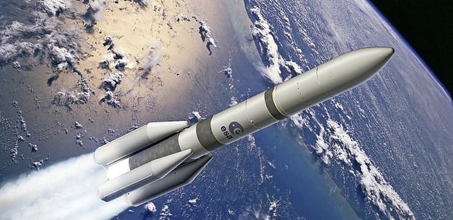 Eine Computeranimation der Ariane 6, d...de in Lampoldshausen getestet werden.   | Foto: David Ducros/esa/dpa