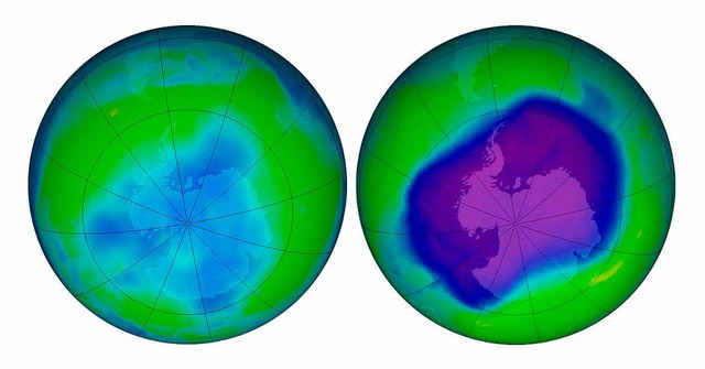 Das Ozonloch ber der Antarktis im Jah...en und roten weisen auf mehr Ozon hin.  | Foto: NASA