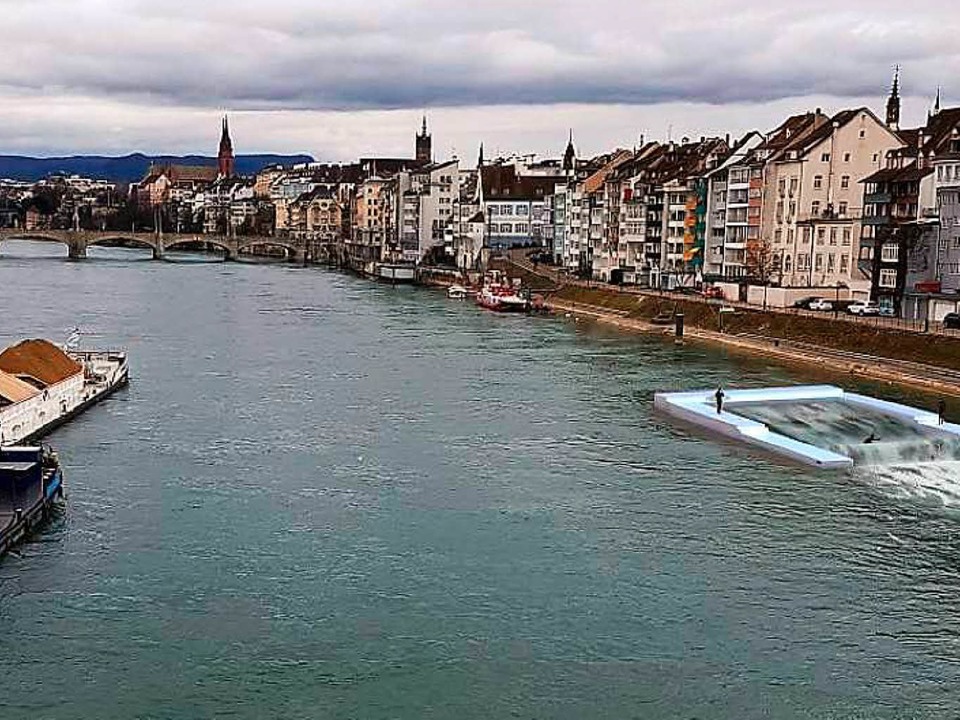 So htte die Surf-Anlage auf dem Rhein...). Im Hintergrund die Mittlere Brcke.  | Foto: Christian Mller