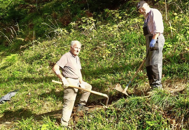 Fritz Schwab und Walter Bhler bei einer Weginstandsetzung.   | Foto: Dreher