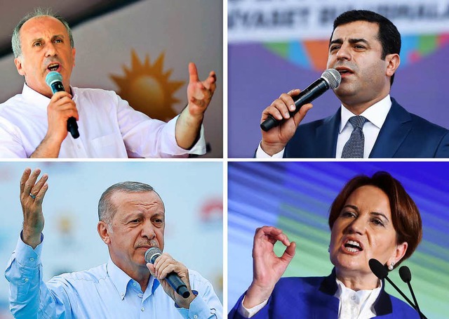 Die Bildkombo zeigt vier Kandidaten f...ogan (AKP, am 17.06.2018 in Istanbul).  | Foto: dpa