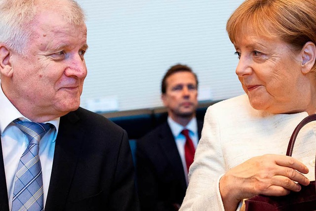 Trotz ihres Lchelns lsst sich ihr Ve...ten: Horst Seehofer und Angela Merkel.  | Foto: dpa