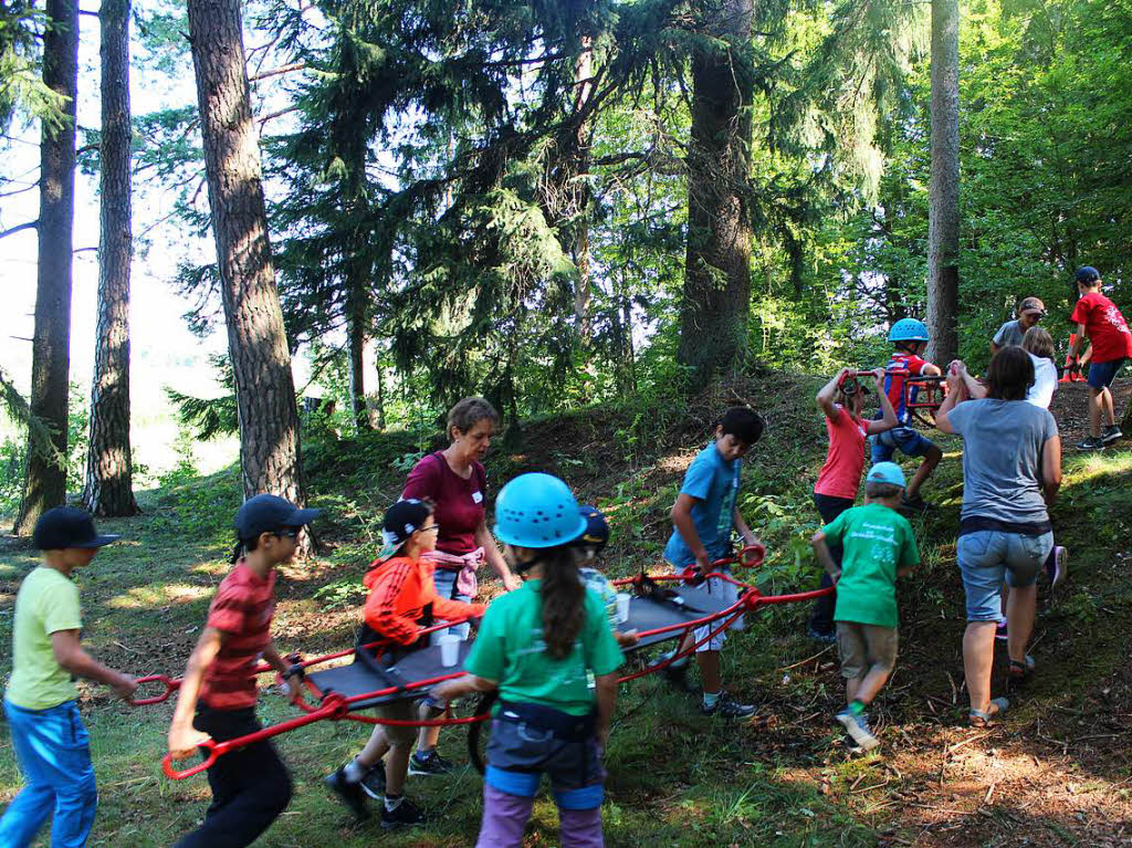 Gar nicht so einfach ist es, die Gebirgstrage ber Stock und Stein zu schieben, ohne die beiden darauf stehenden, mit Wasser gefllten Becher zu verschtten.  Der Wald am Wanderparkplatz in Bachheim bot beim Schulerlebnistag alle Mglichkeiten, die Schler fr die Natur zu sensibilisieren.