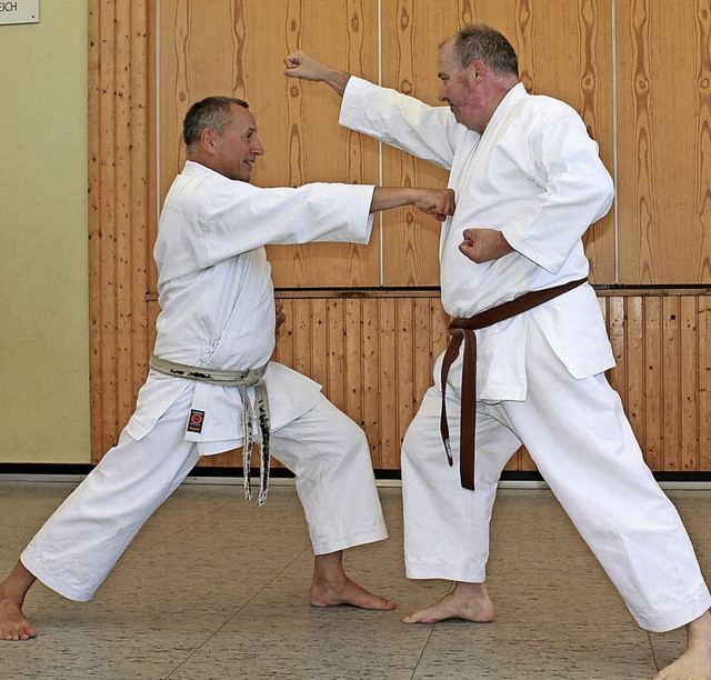 Schn locker, aber konzentriert: Peter...hule demonstrieren die Karatehaltung.   | Foto: Werner Schnabl