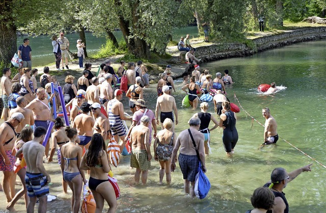 Freudiger Massenstart beim grenzberschreitenden Rheinschwimmen am Inseli.  | Foto: Horatio Gollin