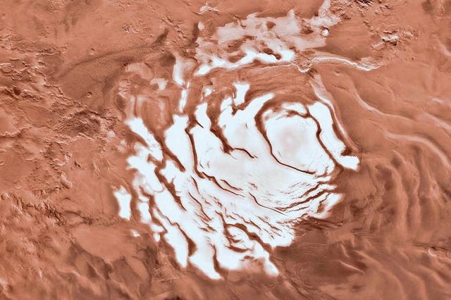 Der rund 20 Kilometer breite flssige ...ufolge unter dem Eis des Mars-Sdpols.  | Foto: dpa