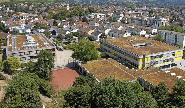 Im Vordergrund links sieht man das Kle... rechts vorne die beiden Sporthallen.   | Foto: Herbert Frey